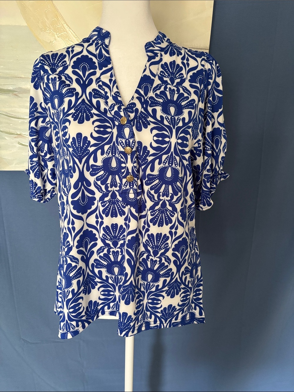🌹Blue & White Floral-Print V-Neck Blouse with Gold Buttons